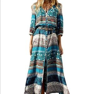 R. Vivimos Turquoise Floral Maxi Dress Medium